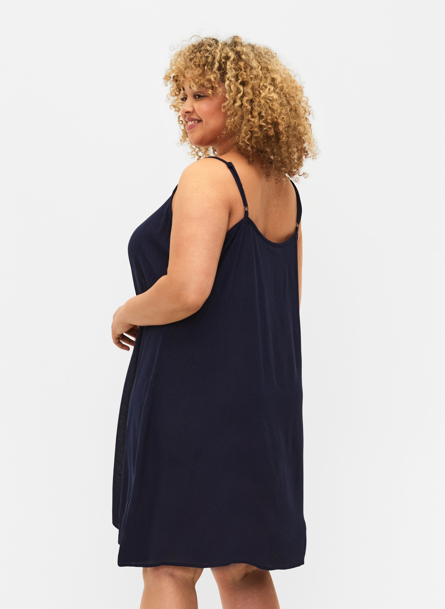 Zizzifashion Solid colour strap dress in viscose, Blue, Model image number 2