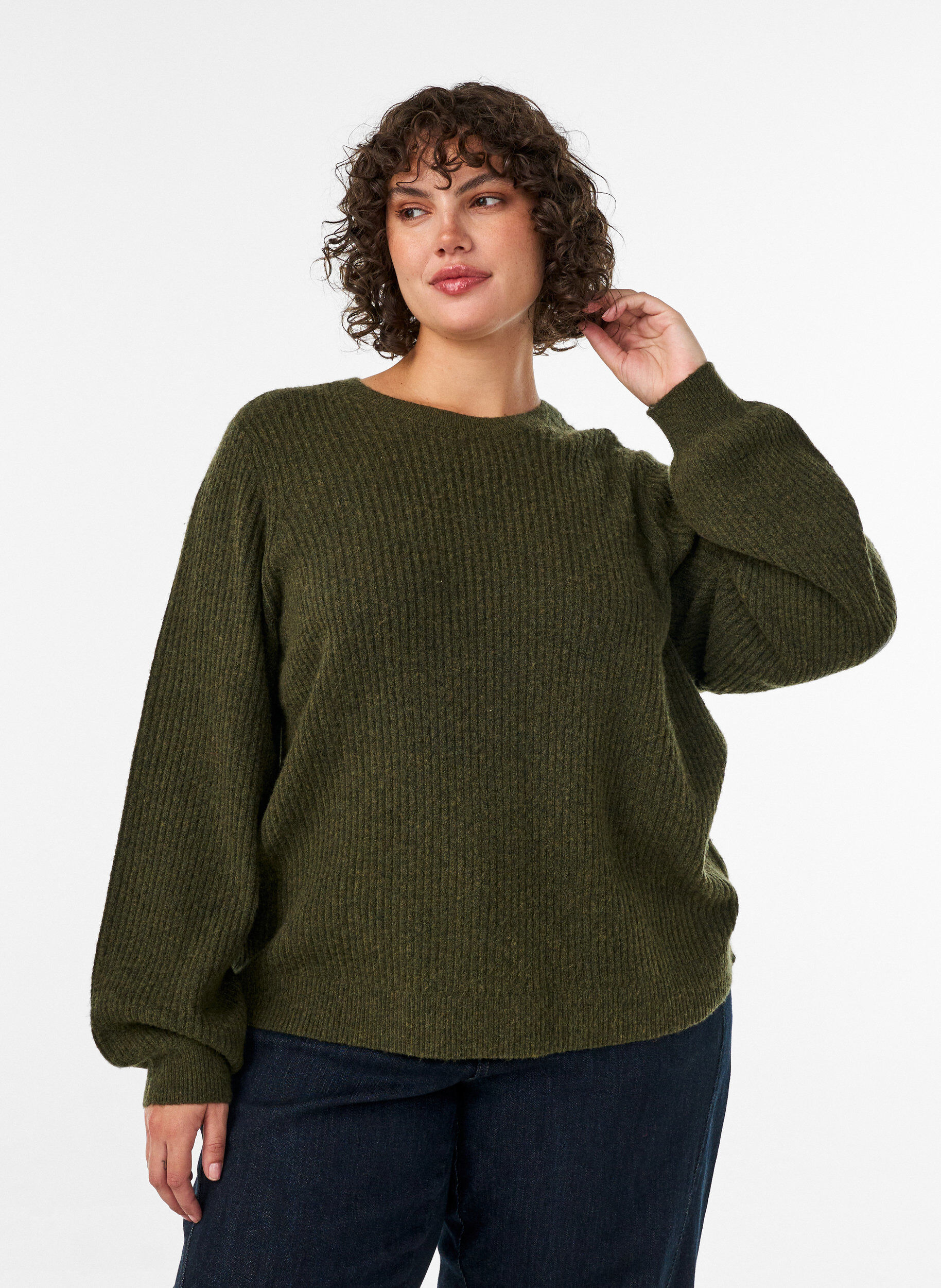 Ribbed jumper with balloon sleeves, Green, Model