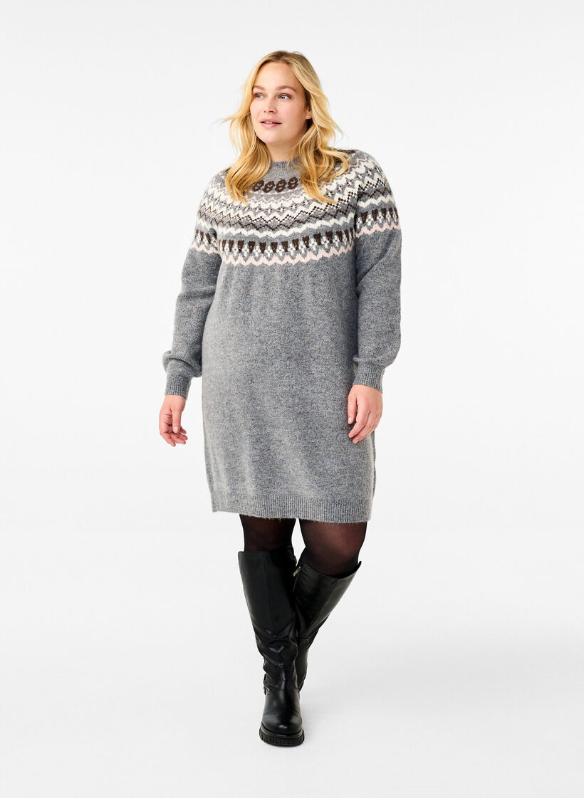 Knitted dress with jacquard pattern and long sleeves, Medium Grey Comb, Model image number 2
