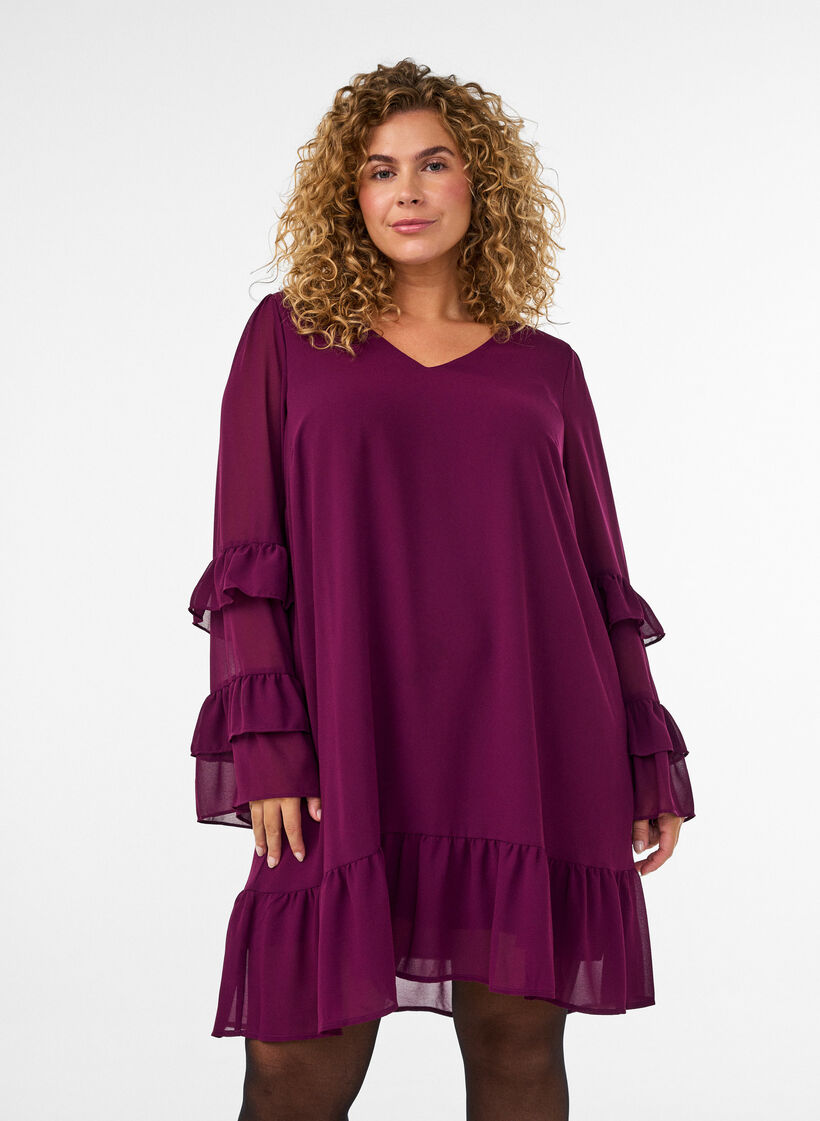 Short dress with sheer ruffle sleeves, Purple, Model image number 0