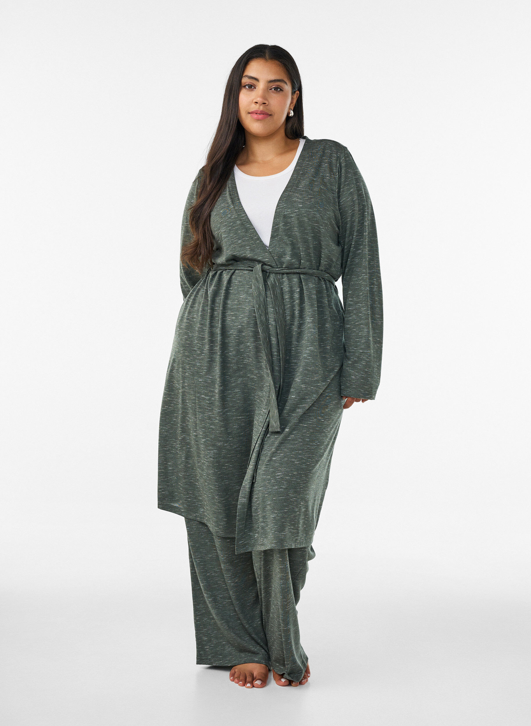 ZizzifashionLong jersey cardigan with tie-belt, Green, Model image number 0