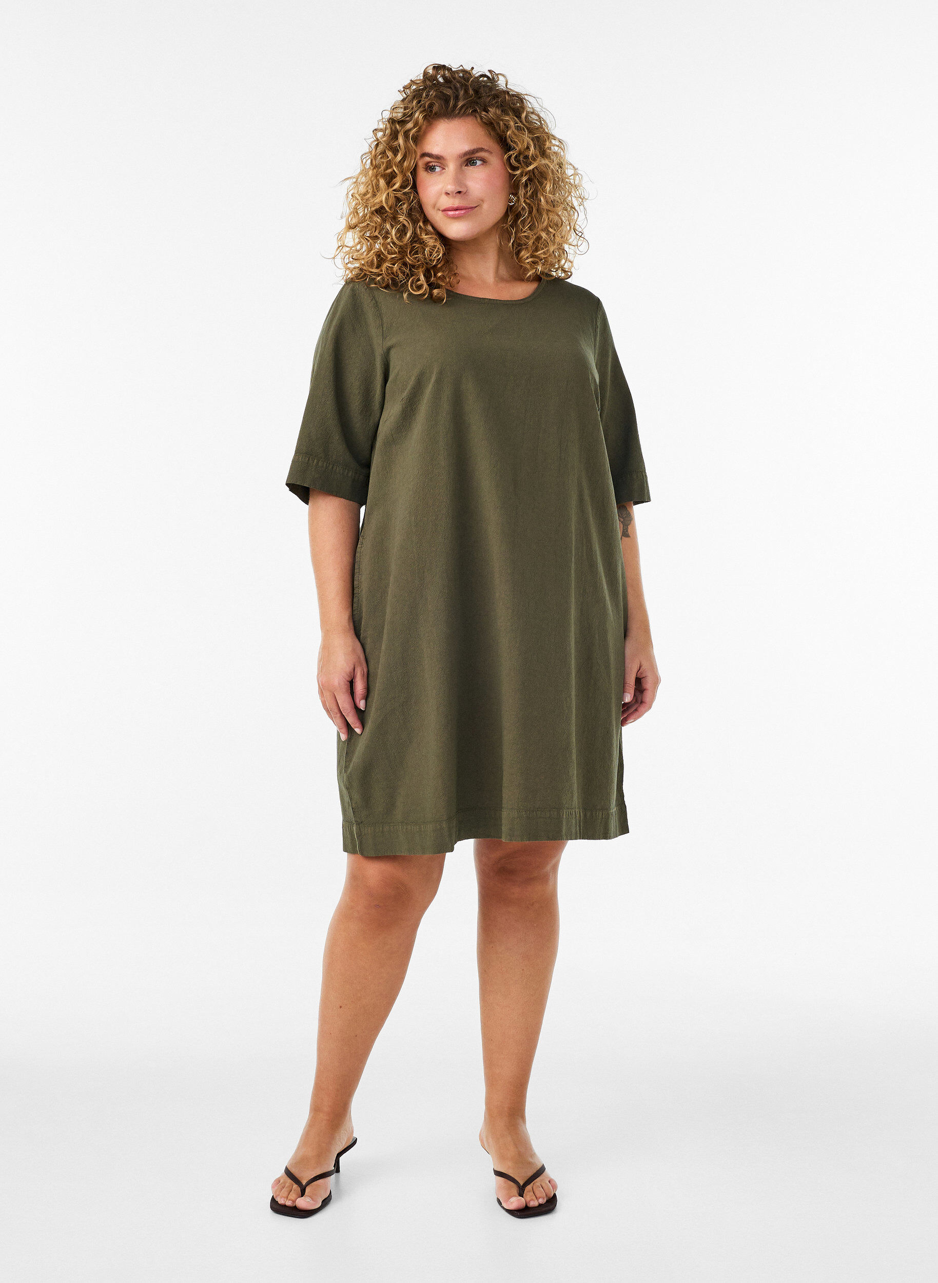 ZizzifashionCotton dress with short sleeves and pockets, Green, Model image number 1