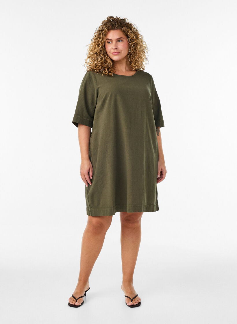 Cotton dress with short sleeves and pockets, Green, Model image number 1
