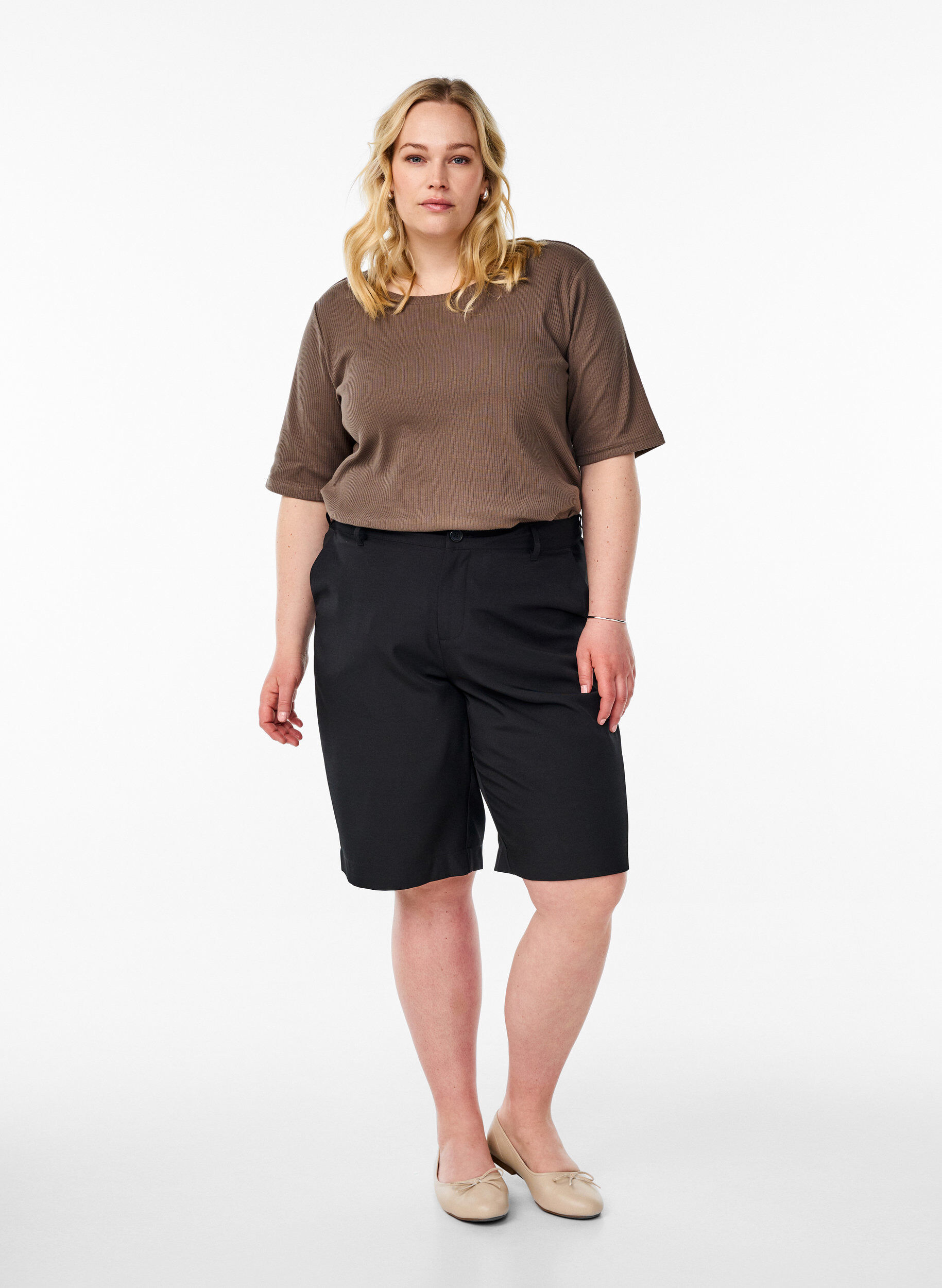 ZizzifashionRibbed jersey blouse with short sleeves, Brown, Model image number 1
