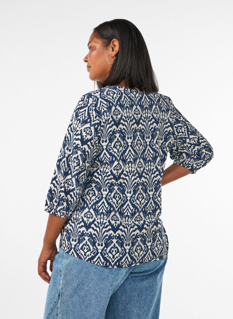 Patterned viscose blouse with 3/4-sleeves, Blue, Model image number 2