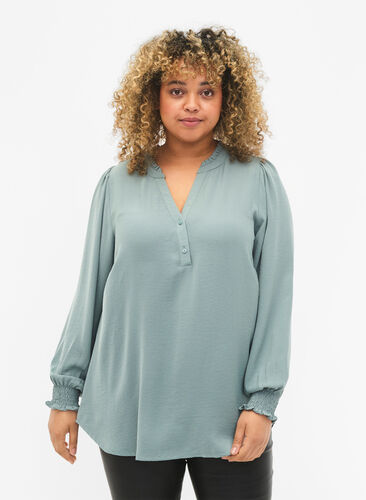 Blouse with smock and v-neckline, Chinois Green, Model image number 0