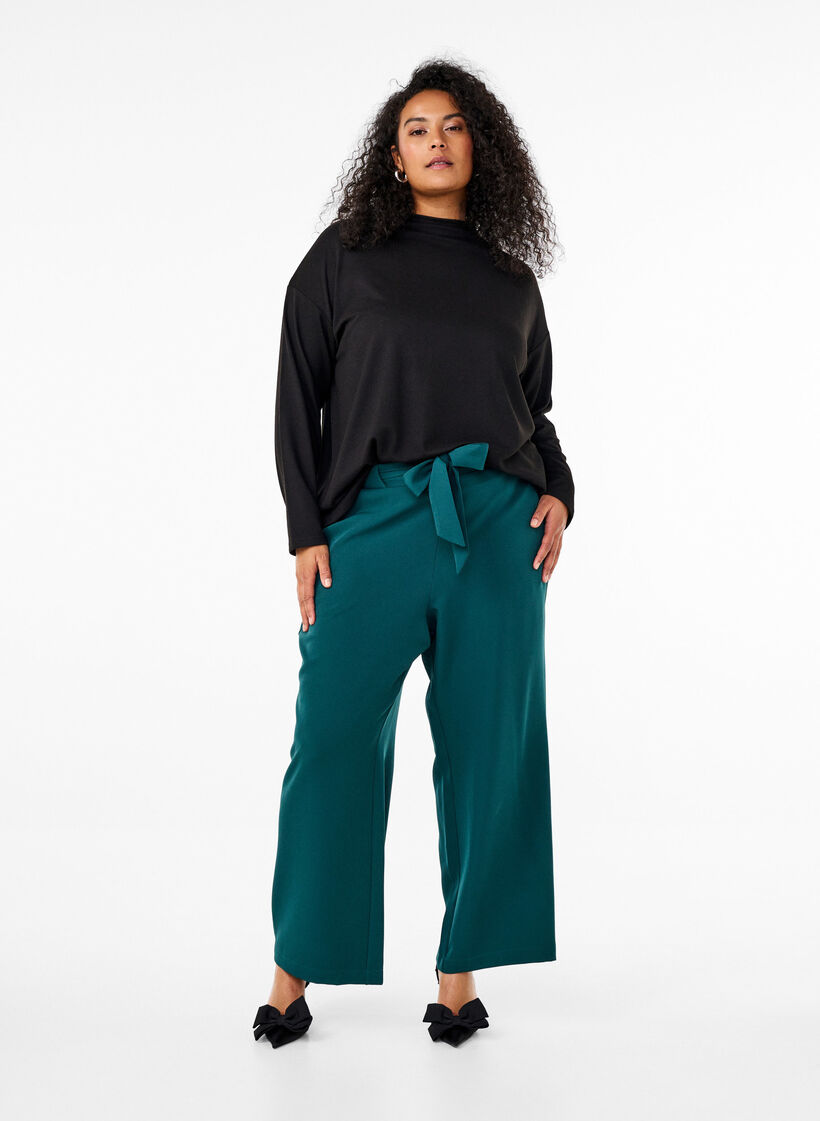 Loose trousers with high waist and tie belt, Green, Model image number 0