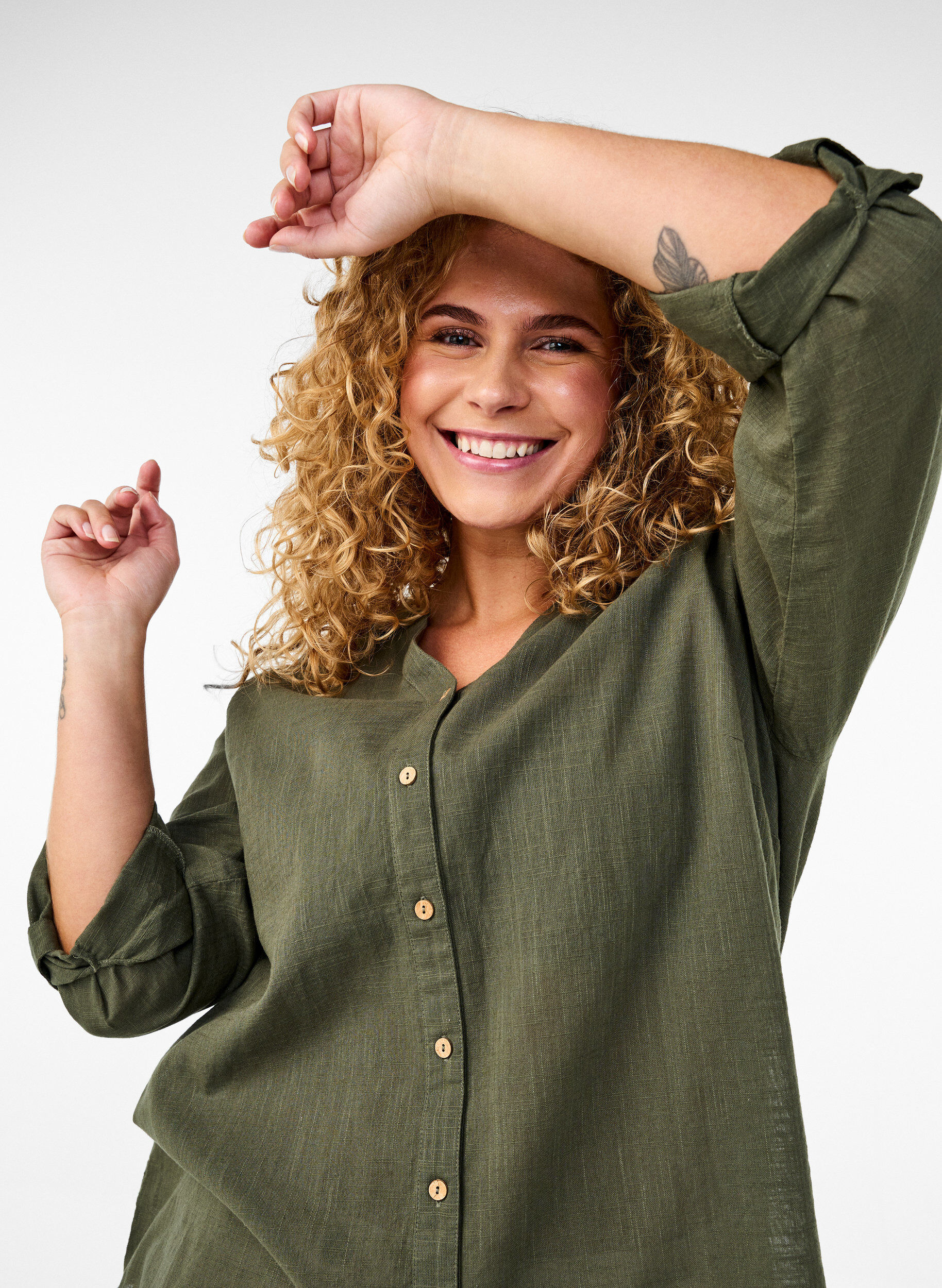 ZizzifashionCotton shirt blouse with a v-neck, Green, Image image number 0