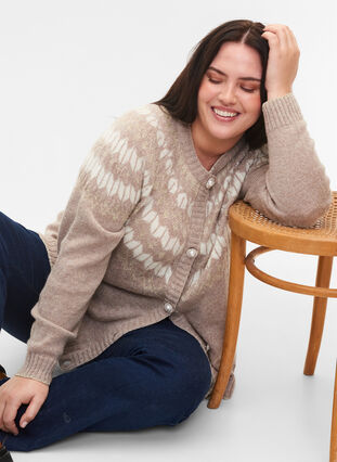 Patterned knit cardigan with wool, Simply Taupe Comb, Model image number 2