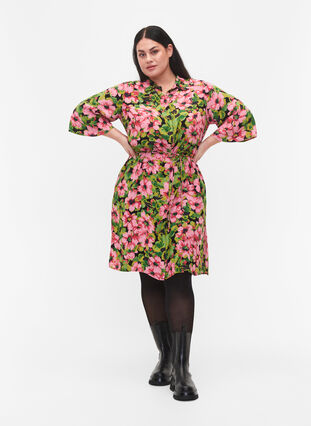 	 Viscose shirt dress with floral print, Pink G. Flower AOP, Model image number 2