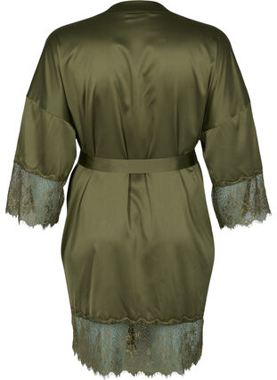 Dressing gown with lace details and tie belt, Military Olive ASS, Packshot image number 1