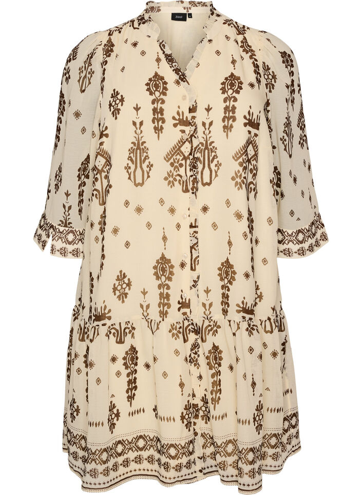 Dress with ornament print and ruffle collar, Beige, Packshot image number 0