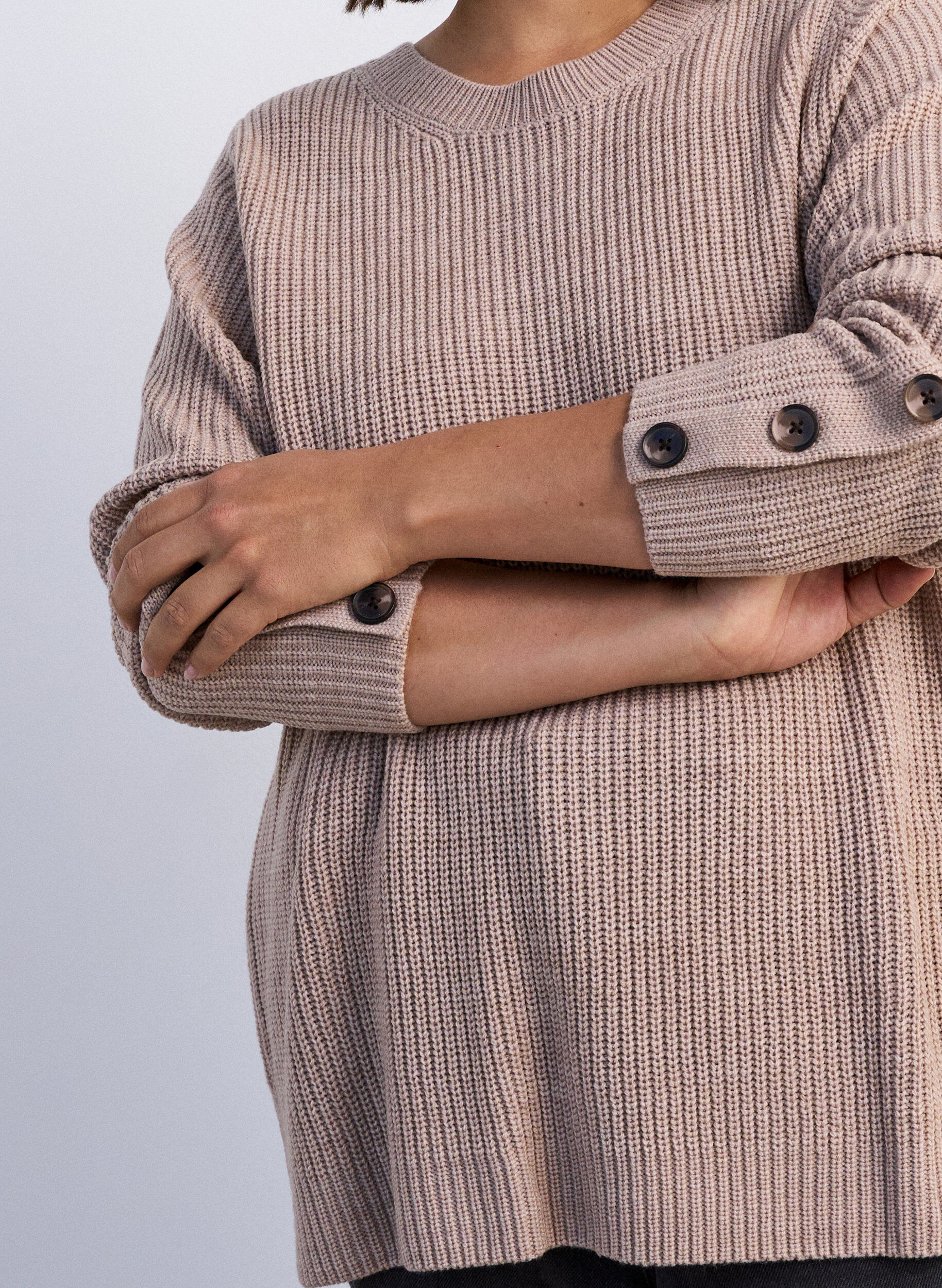 ZizzifashionKnitted blouse with ribbed texture and button details, Beige, Model image number 3