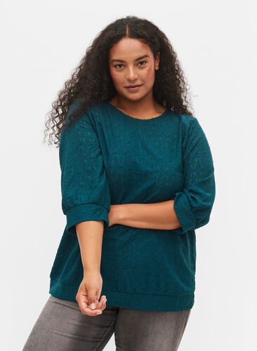 Blouse with 3/4-sleeves and a structured pattern, Deep Teal, Model image number 0