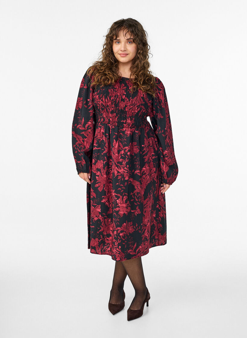 Floral dress with a smocked top, Black, Model image number 0