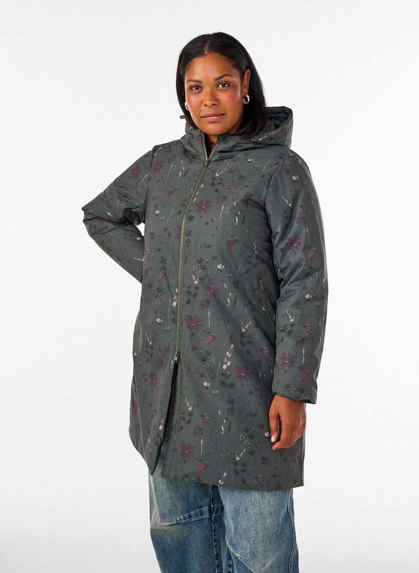 Padded winter jacket with floral print, Green, Model image number 0