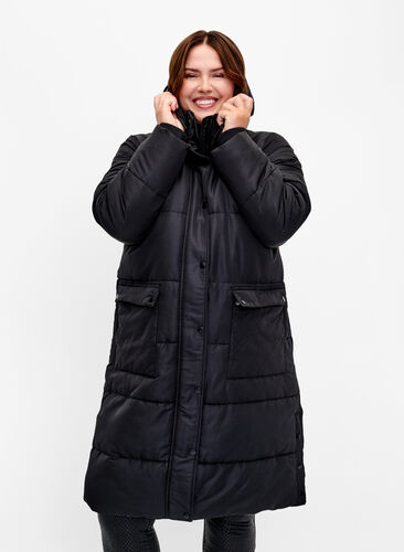 Long puffer jacket with pockets and hood, Black, Model image number 0