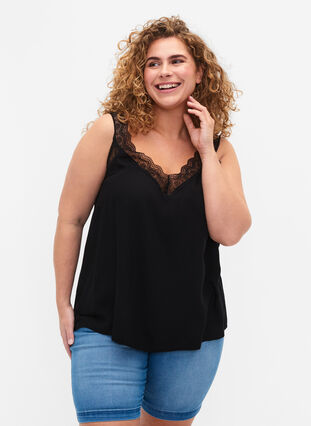 Top with lace in viscose, Black, Model image number 0