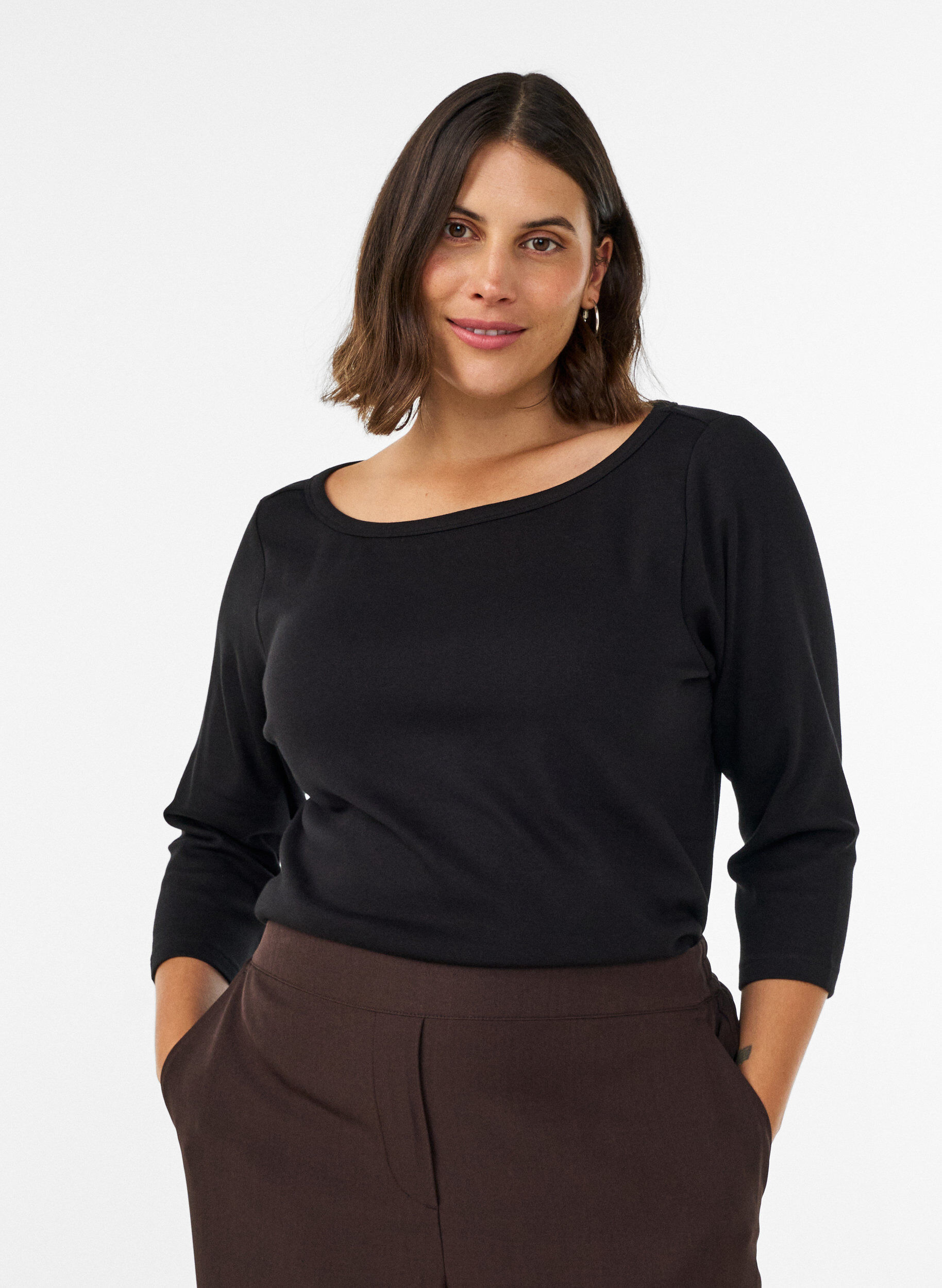 ZizzifashionBasic T-shirt with boat neck and 3/4 sleeves, Black, Model image number 0