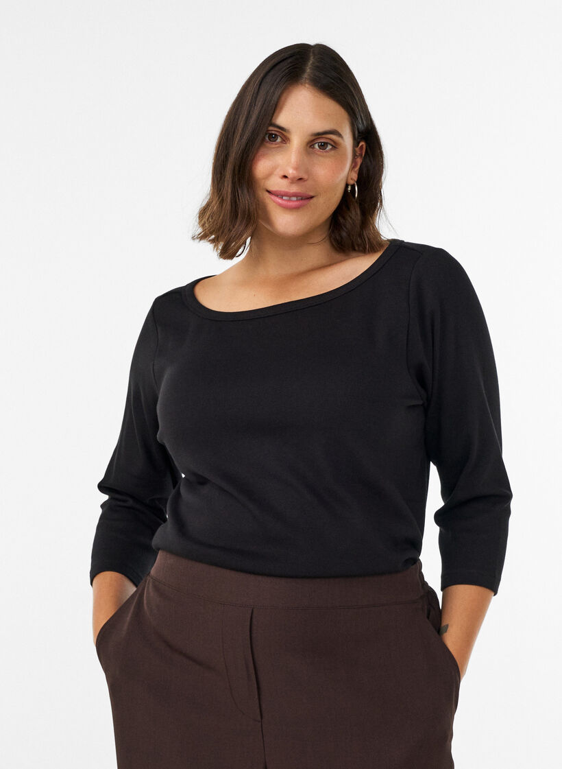 Basic T-shirt with boat neck and 3/4 sleeves, Black, Model image number 0