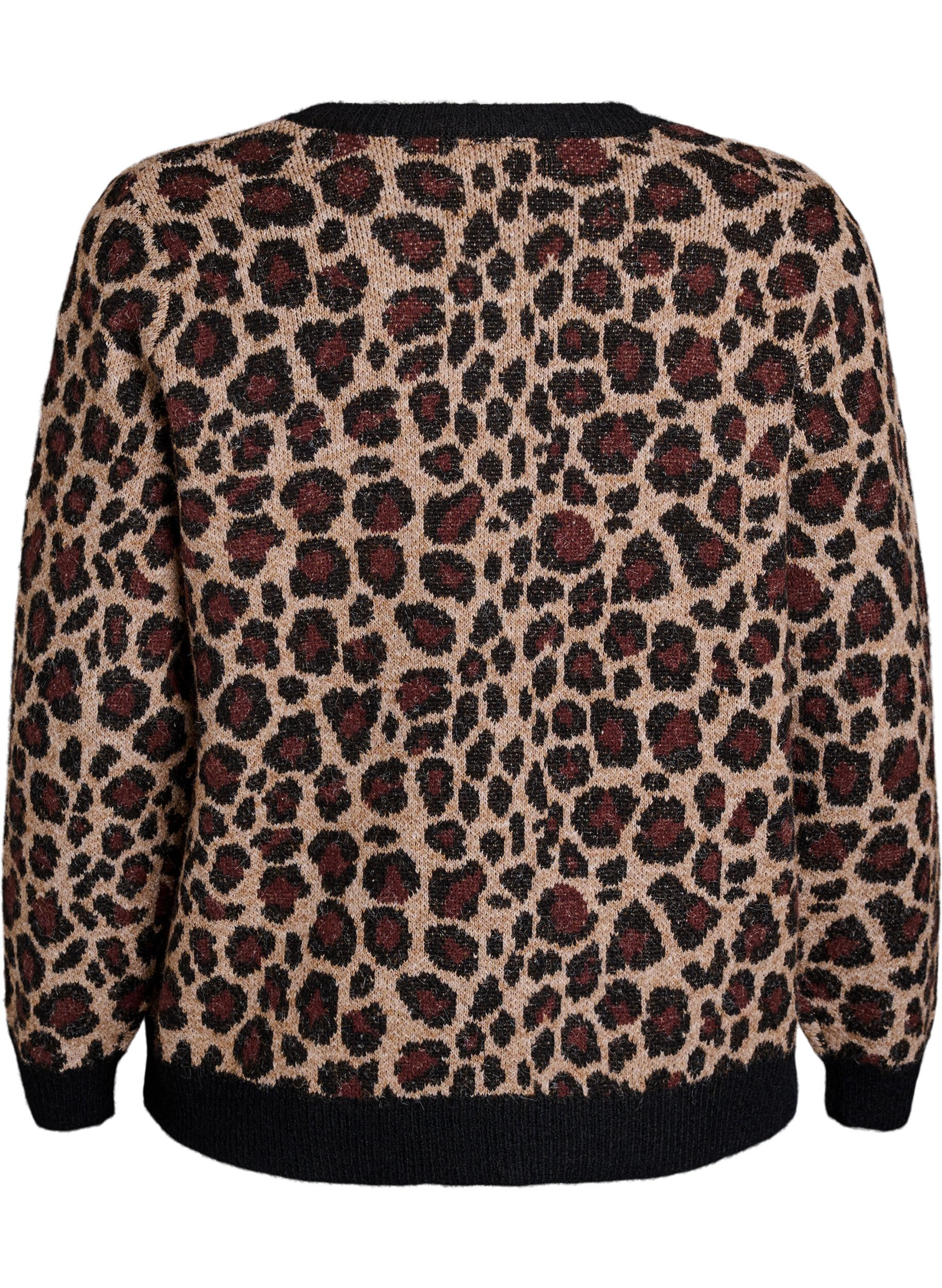 Zizzifashion Cardigan with leopard pattern and contrast trim, Black, Packshot image number 1