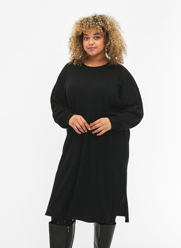 Oversized Knit Dress with Slit, Black, Model image number 2