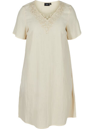 Short-sleeved cotton dress with embroidery, Beige As Sample, Packshot image number 0