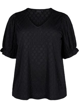 V-neck blouse with hole pattern, Black, Packshot image number 0