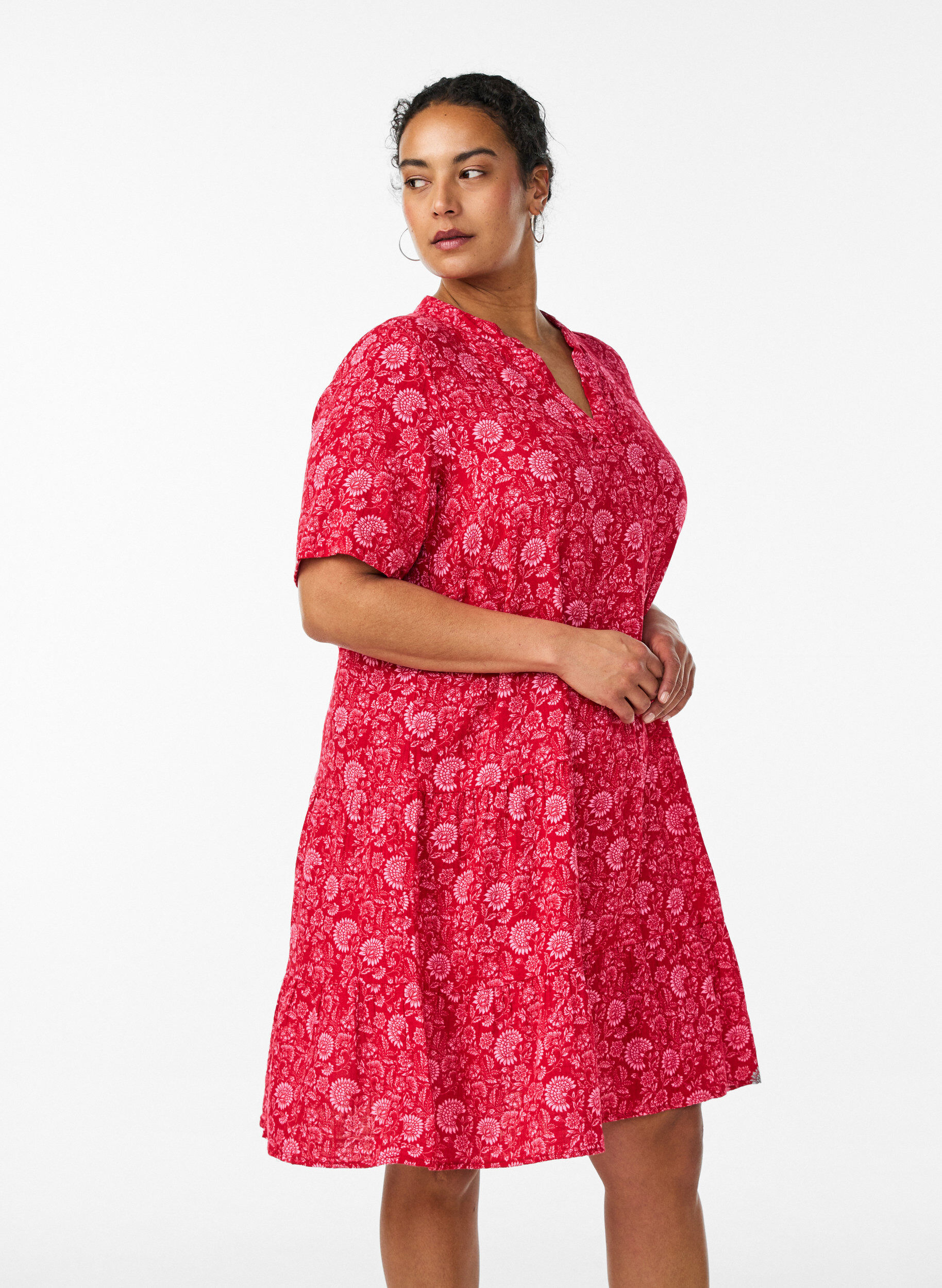 ZizzifashionShort A-line dress in cotton muslin, Red, Model image number 0