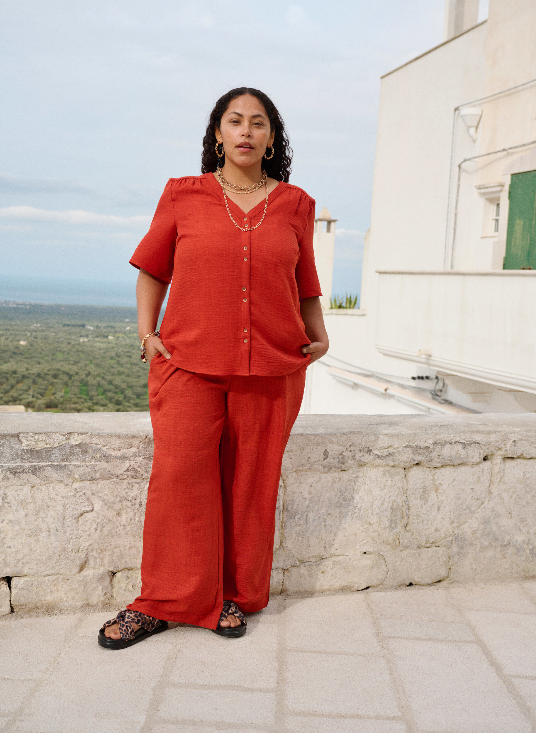 ZizzifashionLoose trousers with elasticated waistband and pockets, Red, Image image number 0