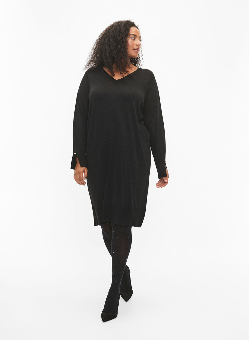 Viscose knit dress with glitter and slits, Black w. DTM Lurex, Model image number 3