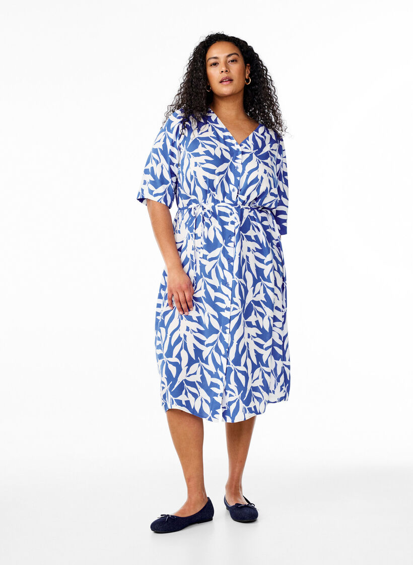 FLASH - Midi dress with print and tie belt, Blue, Model image number 1