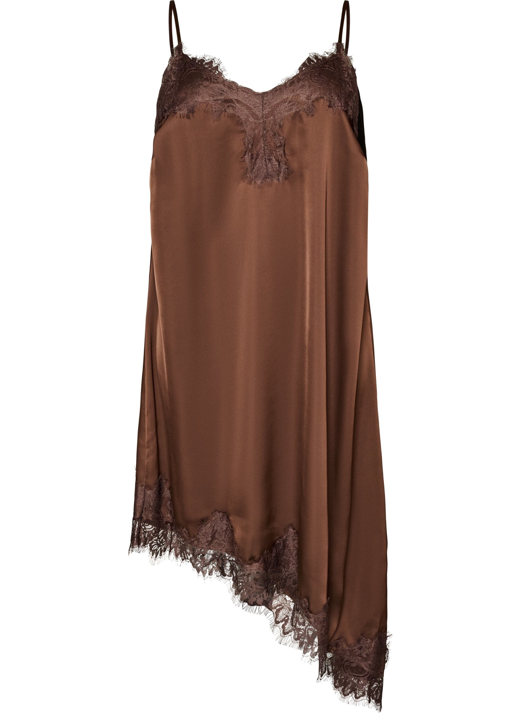 ZizzifashionSatin dress with lace and an asymmetrical hem, Brown, Packshot image number 0