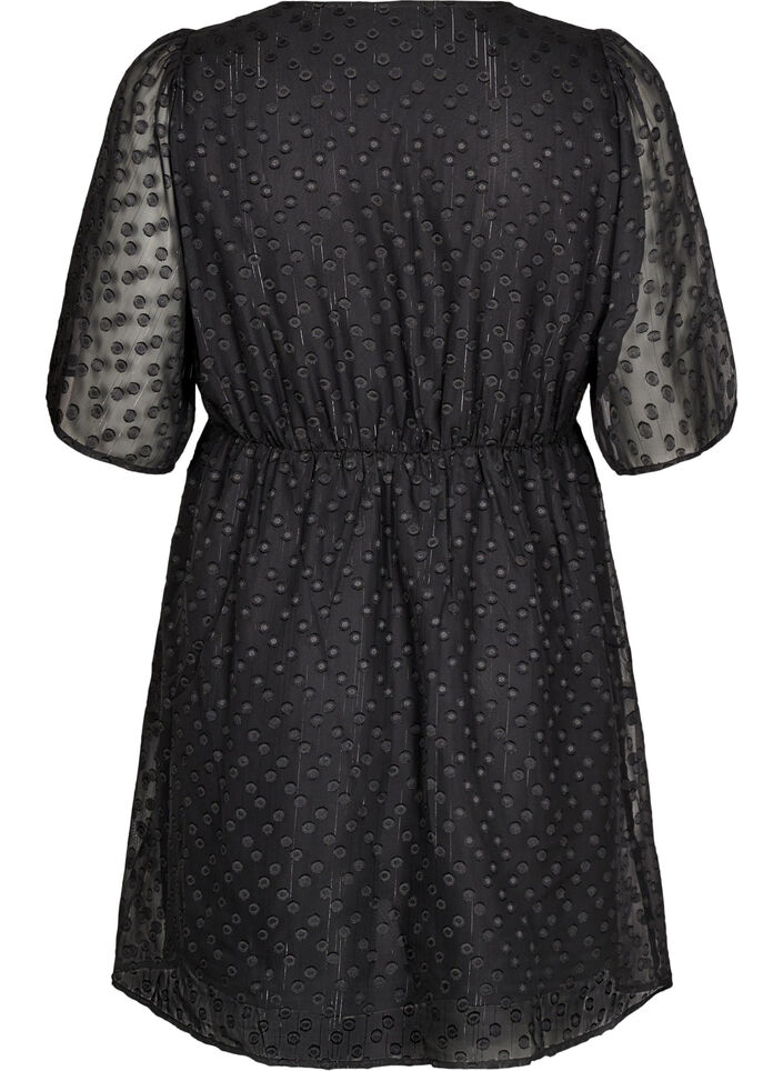 Short dress with batwing sleeves and dotted texture, Black, Packshot image number 1