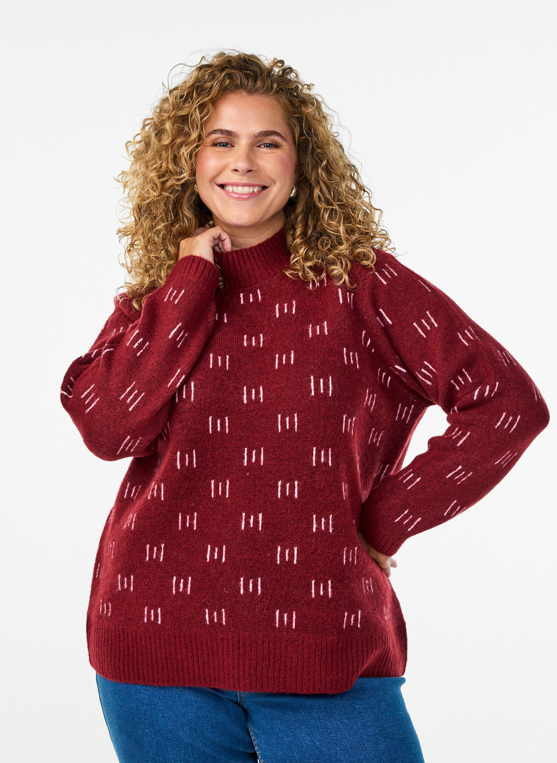 Patterned knitted top with a high neck, Dark Bordeaux, Model