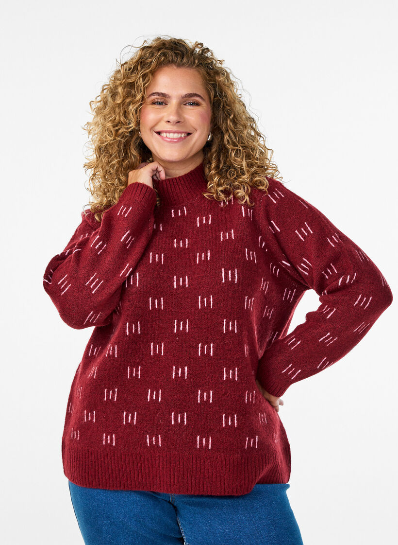 Patterned knitted top with a high neck, Dark Bordeaux, Model image number 0