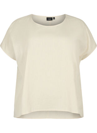 Short-sleeved blouse in cotton blend with linen, Sandshell, Packshot image number 0