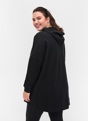Cotton sweatshirt with hood and high-low effect, Black, Model image number 1