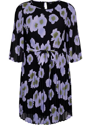 Printed pleated dress with waist tie, Black w. Floral, Packshot image number 0
