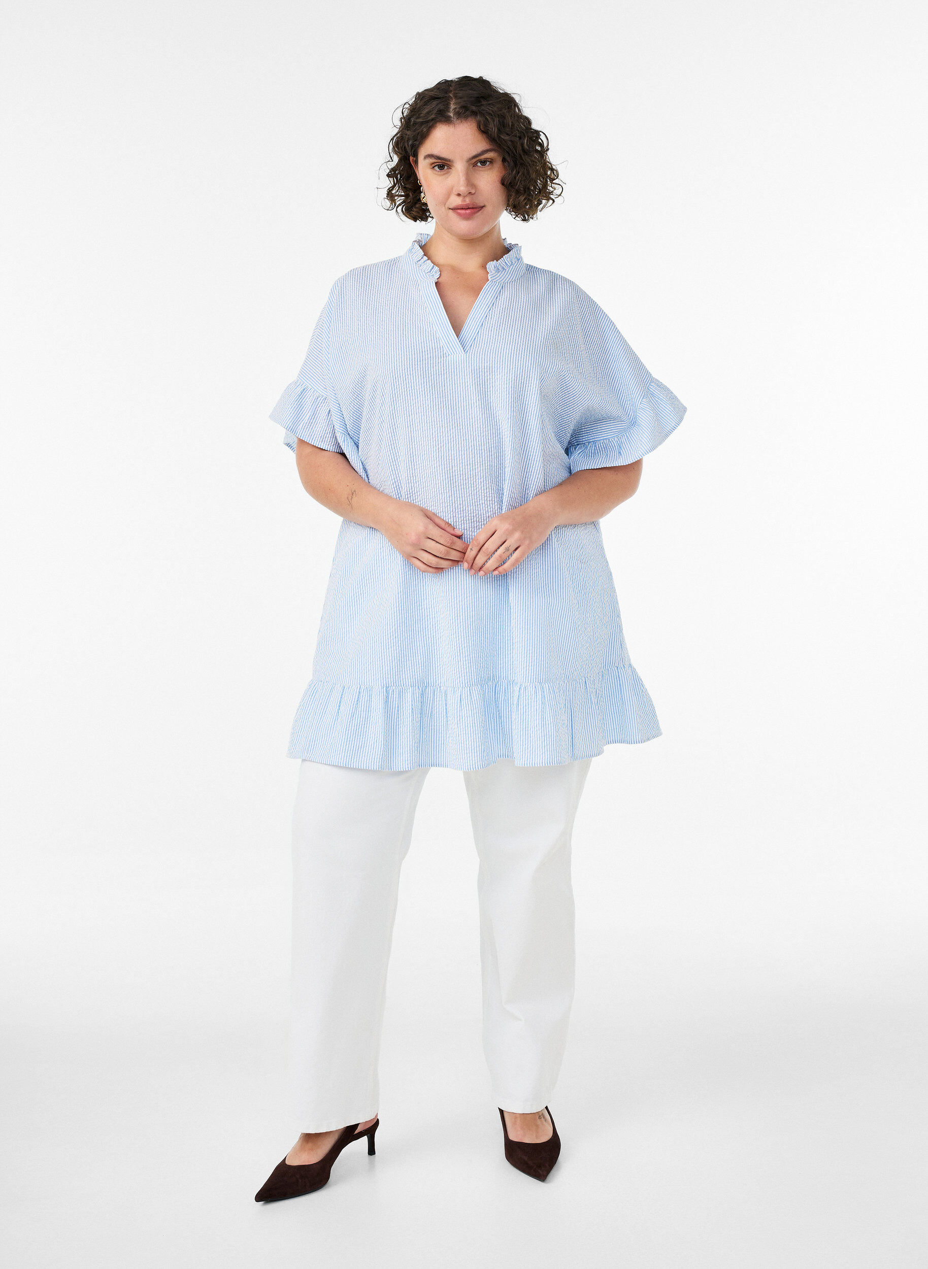ZizzifashionCotton tunic with stripes and ruffle details, Light Blue, Model image number 1