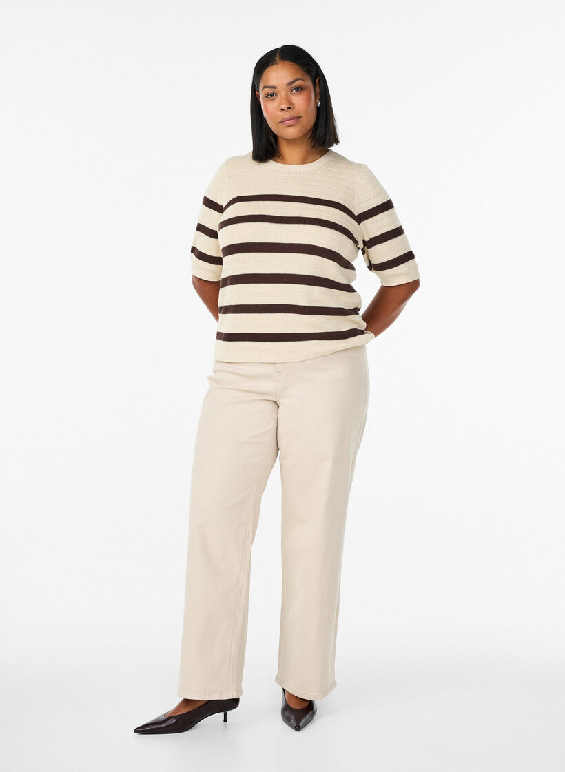 Knitted blouse with stripes and short sleeves, Vanilla, Model image number 1