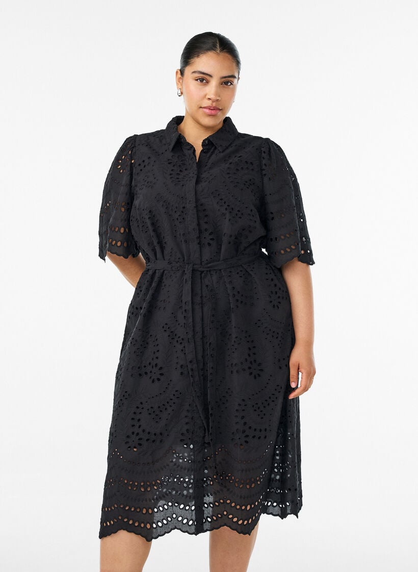 Shirt dress in broderie anglaise with a tie-belt, Black, Model image number 0