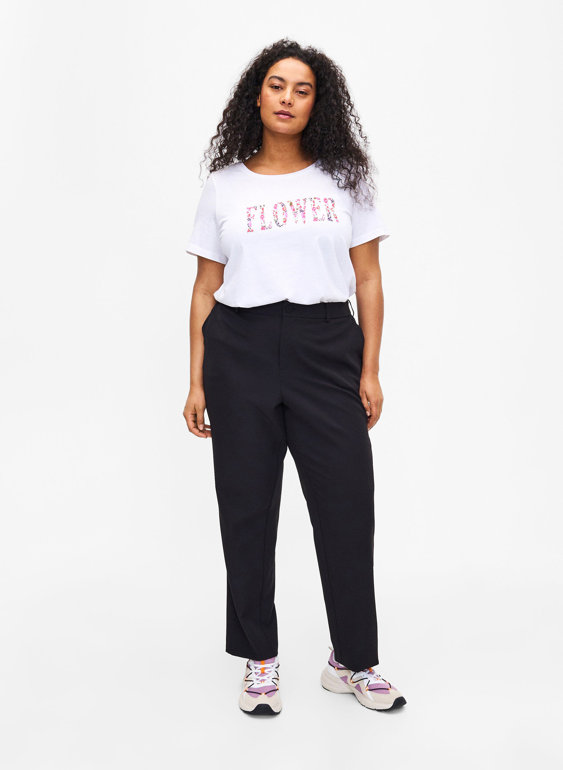 Zizzifashion Cotton T-shirt with text print, B. White w. Flower, Model image number 2