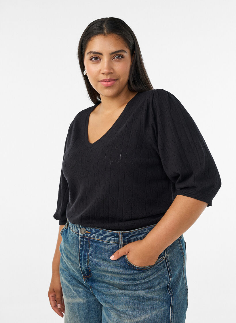Short-sleeved knit blouse with a pointelle pattern, Black, Model image number 0