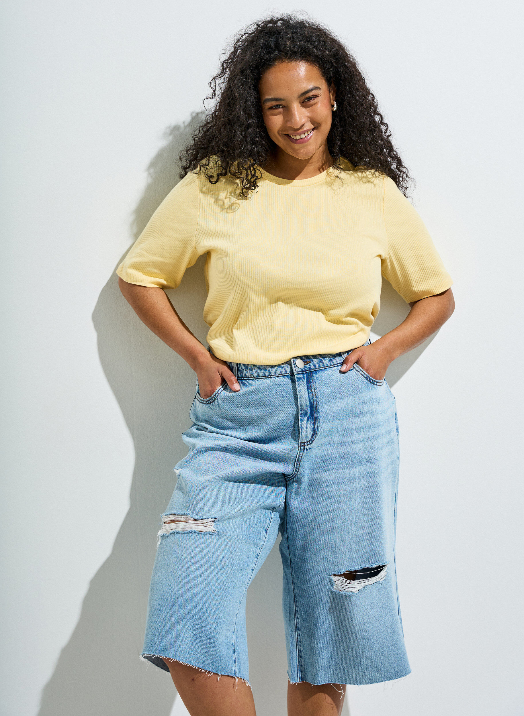 ZizzifashionRibbed jersey blouse with short sleeves, Yellow, Image image number 0