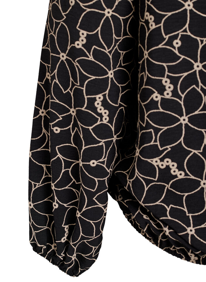 Long-sleeved blouse with floral embroidery, Black, Packshot image number 3