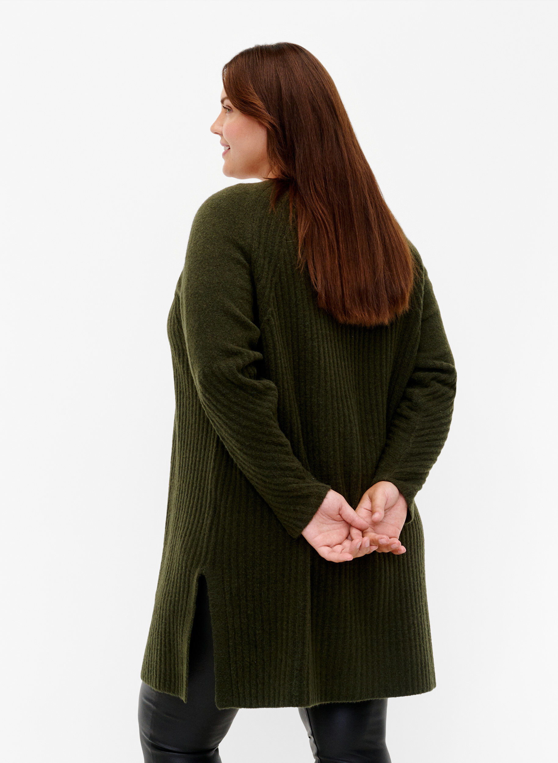 Zizzifashion Long rib-knit cardigan, Forest Night Mel., Model image number 1
