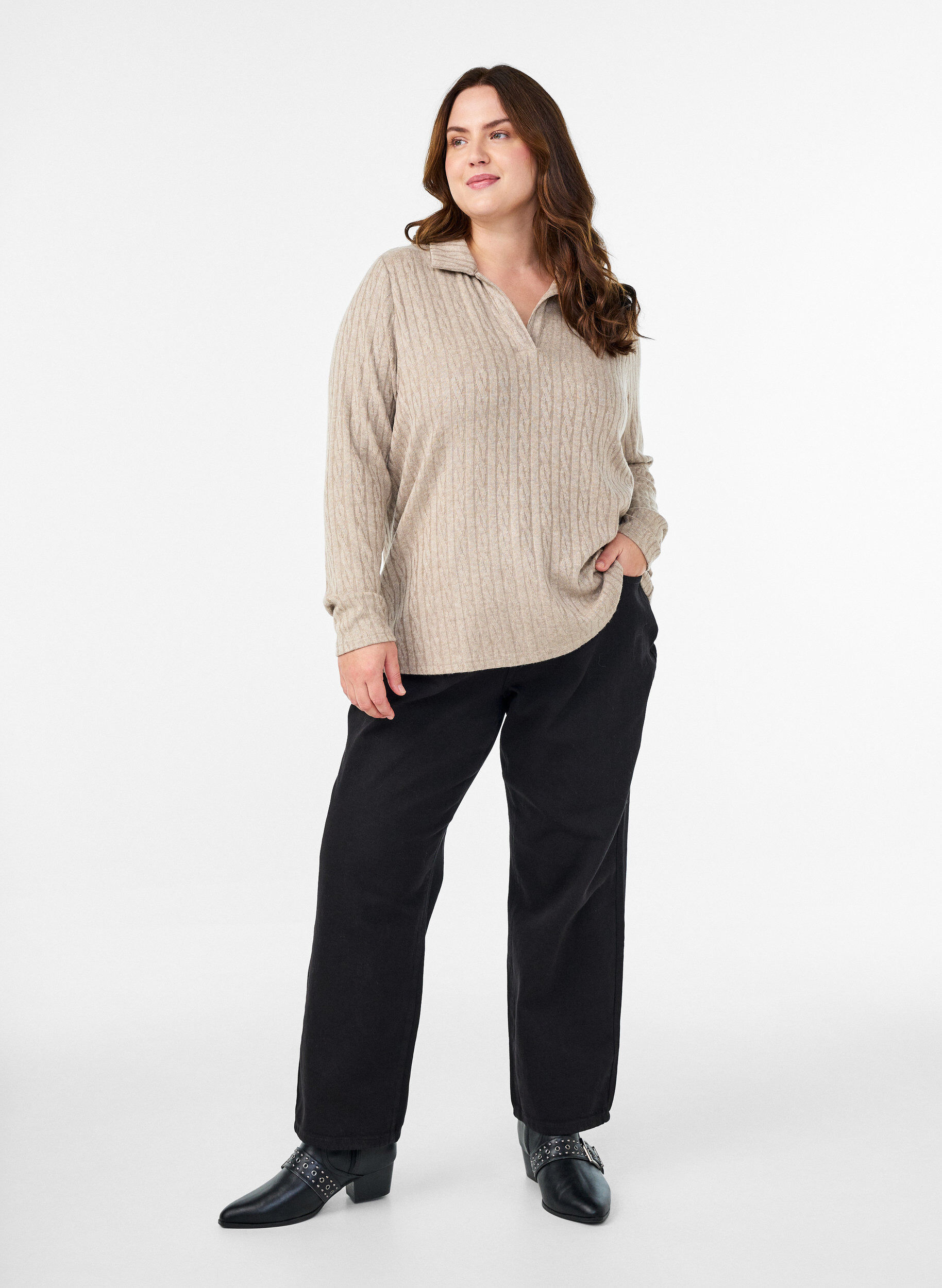 Zizzifashion Jersey blouse with collar and cable pattern, Beige, Model image number 1