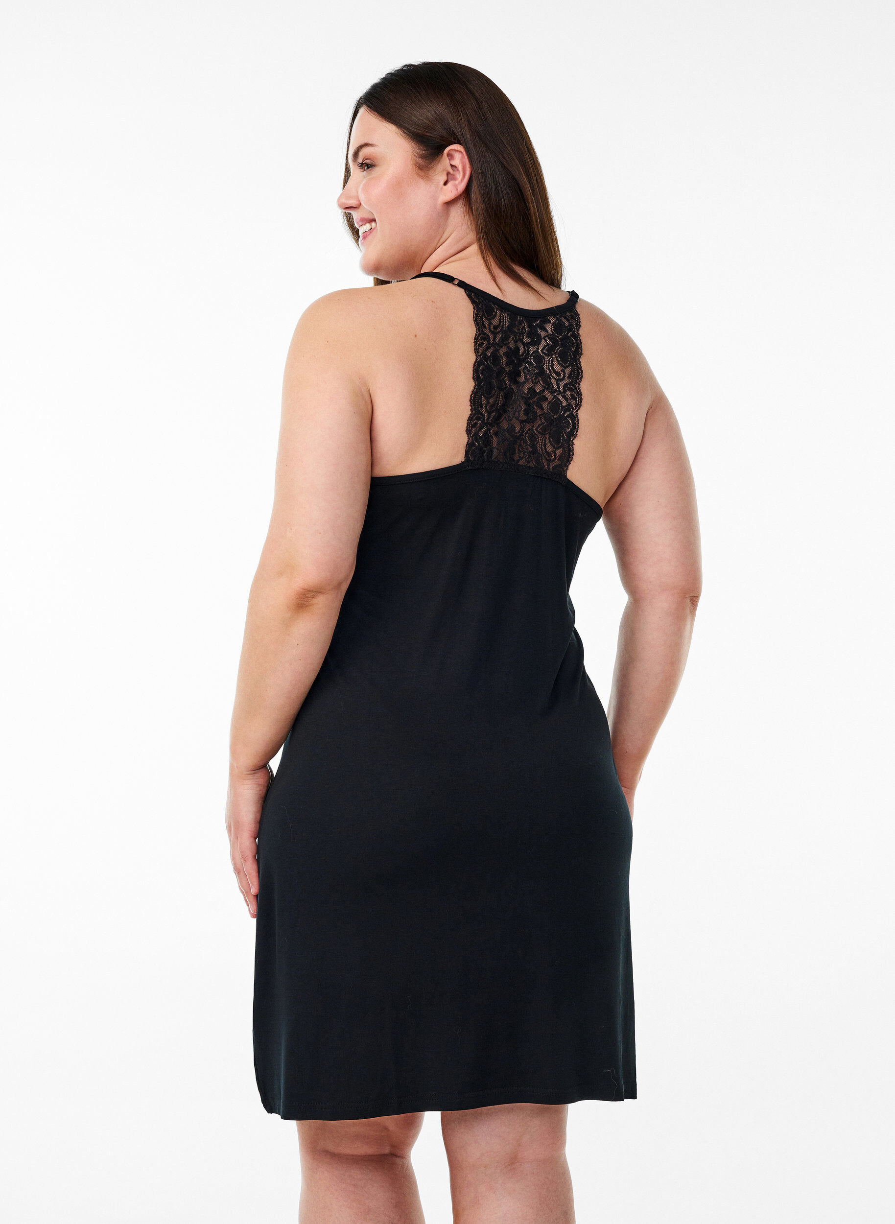Zizzifashion Sleeveless viscose nightgown with lace details, Black, Model image number 2