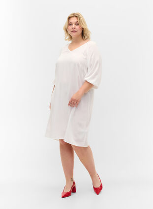 Viscose dress with v-neck, Bright White, Model image number 2
